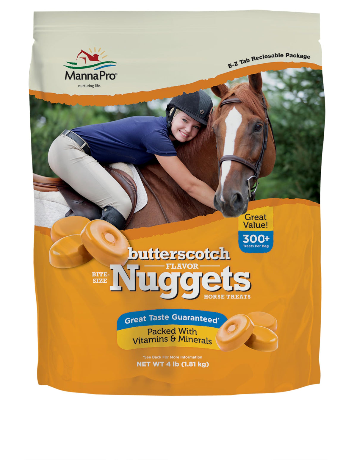 Vue du sachet Manna Pro Bite-Size Nuggets, récompense pratique pour l'entraînement équin.