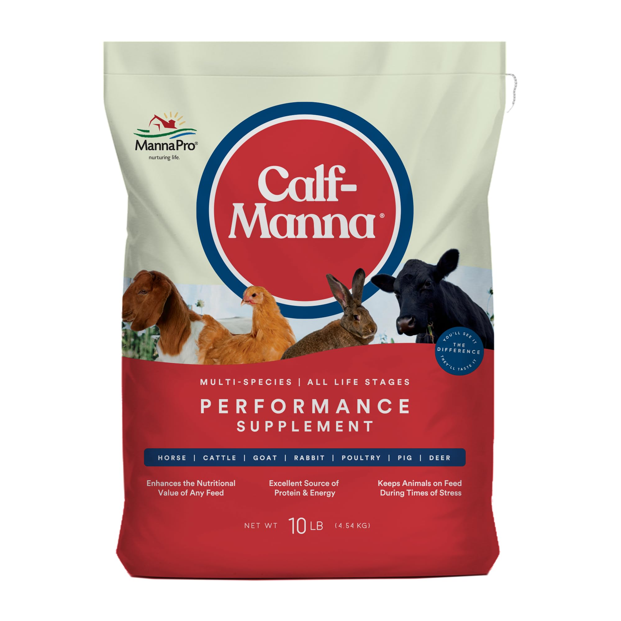 Manna Pro Calf-Manna affichage emballage, pratique pour démarrer l'alimentation multi-espèces.