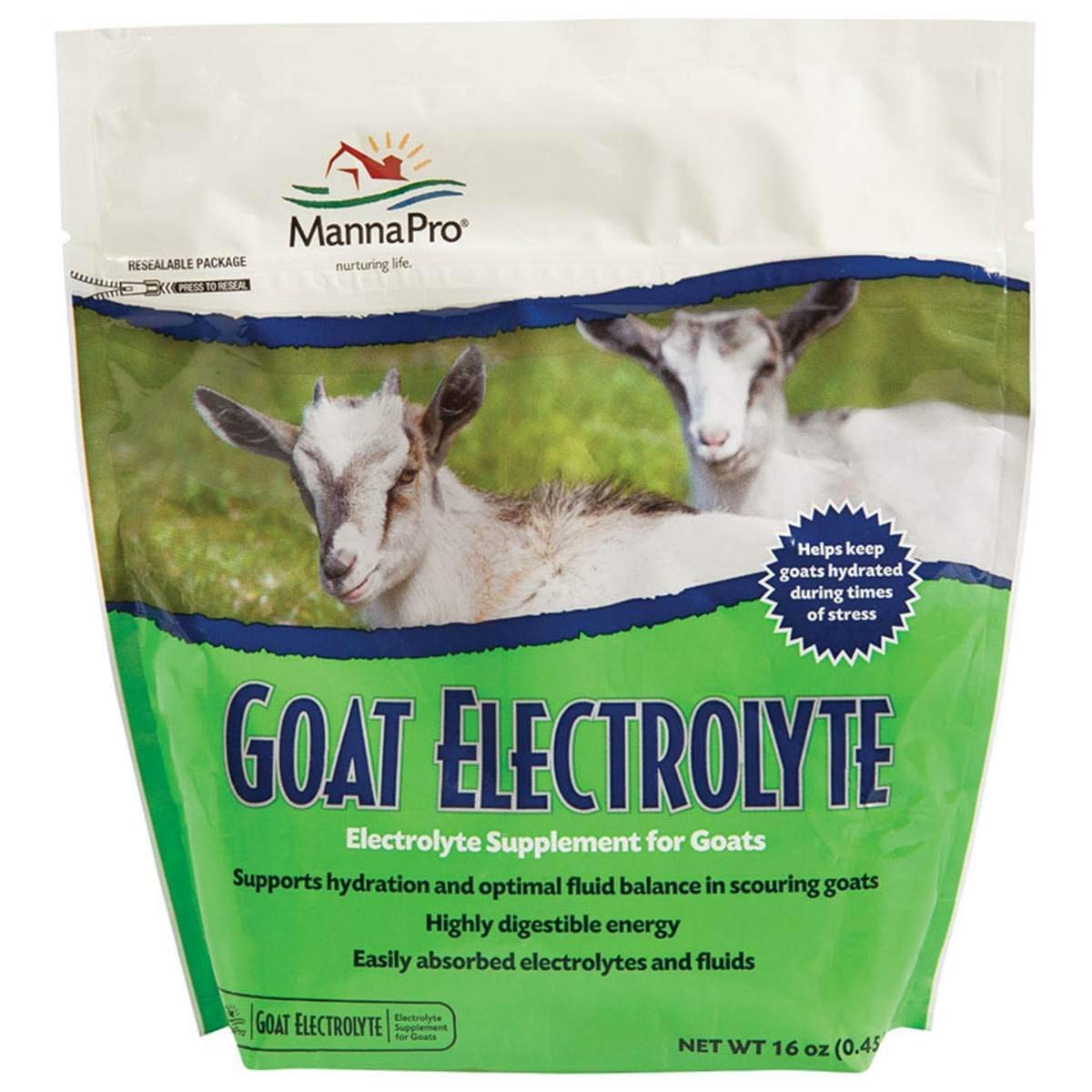 Manna Pro Électrolyte pour chèvres en poudre, favorise la réhydratation rapide lors de diarrhée.