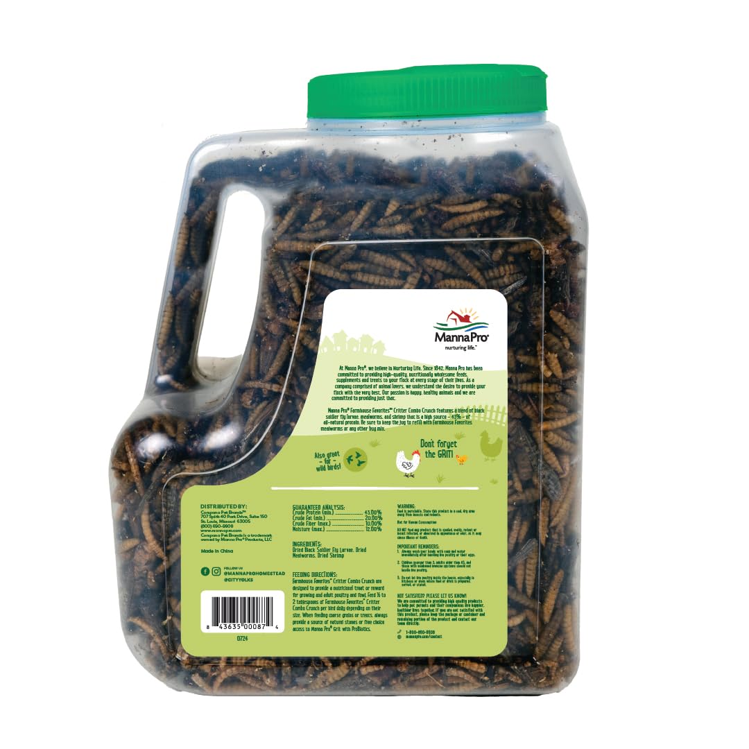 Manna Pro Critter Combo Crunch, mélange d insectes, stimulant le comportement de recherche chez les volailles.