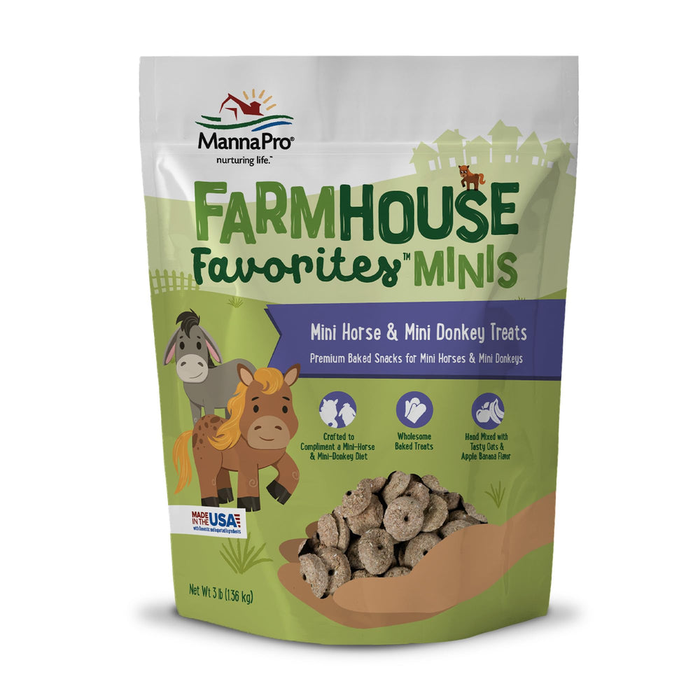 Manna Pro Farmhouse Favorites pour mini cheval, friandises cuites, collation saine et savoureuse.