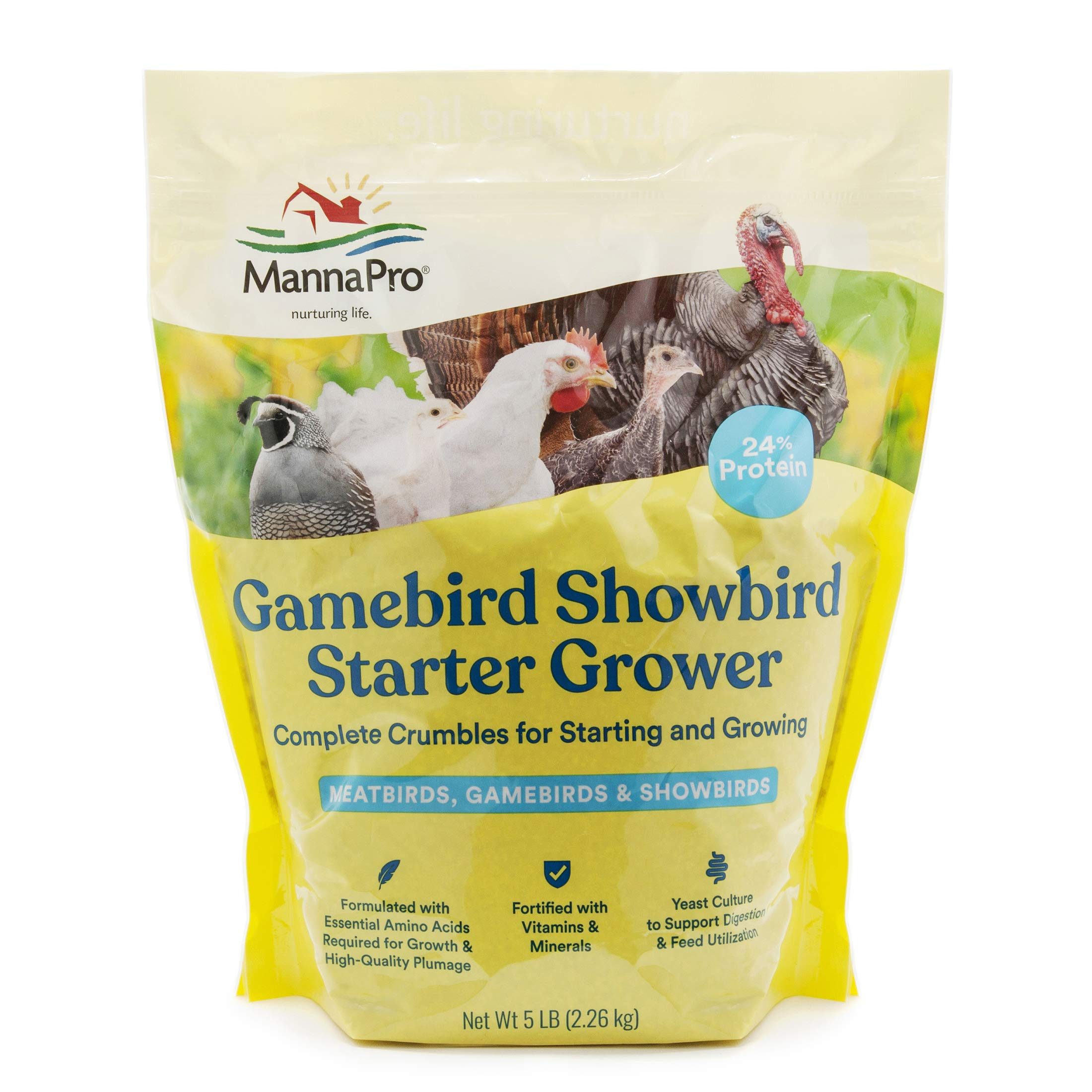 Manna Pro Gamebird Showbird Crumbles emballage clair et informatif, nutrition premium.