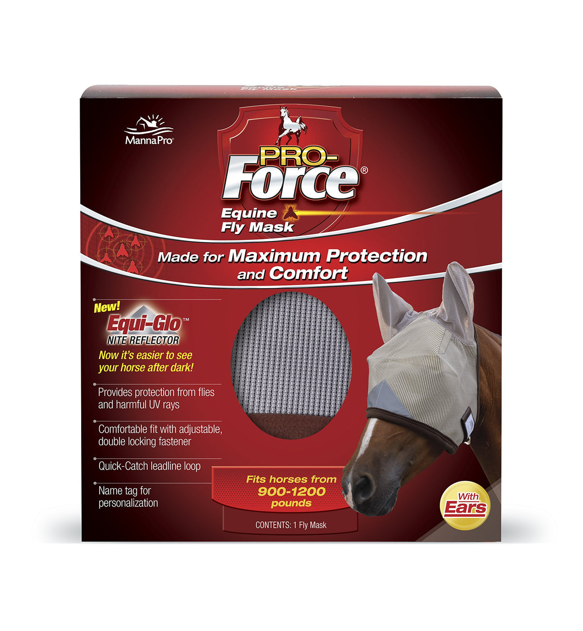Masque Manna Pro Pro-Force avec oreilles, vue claire et protection UV pour le cheval.