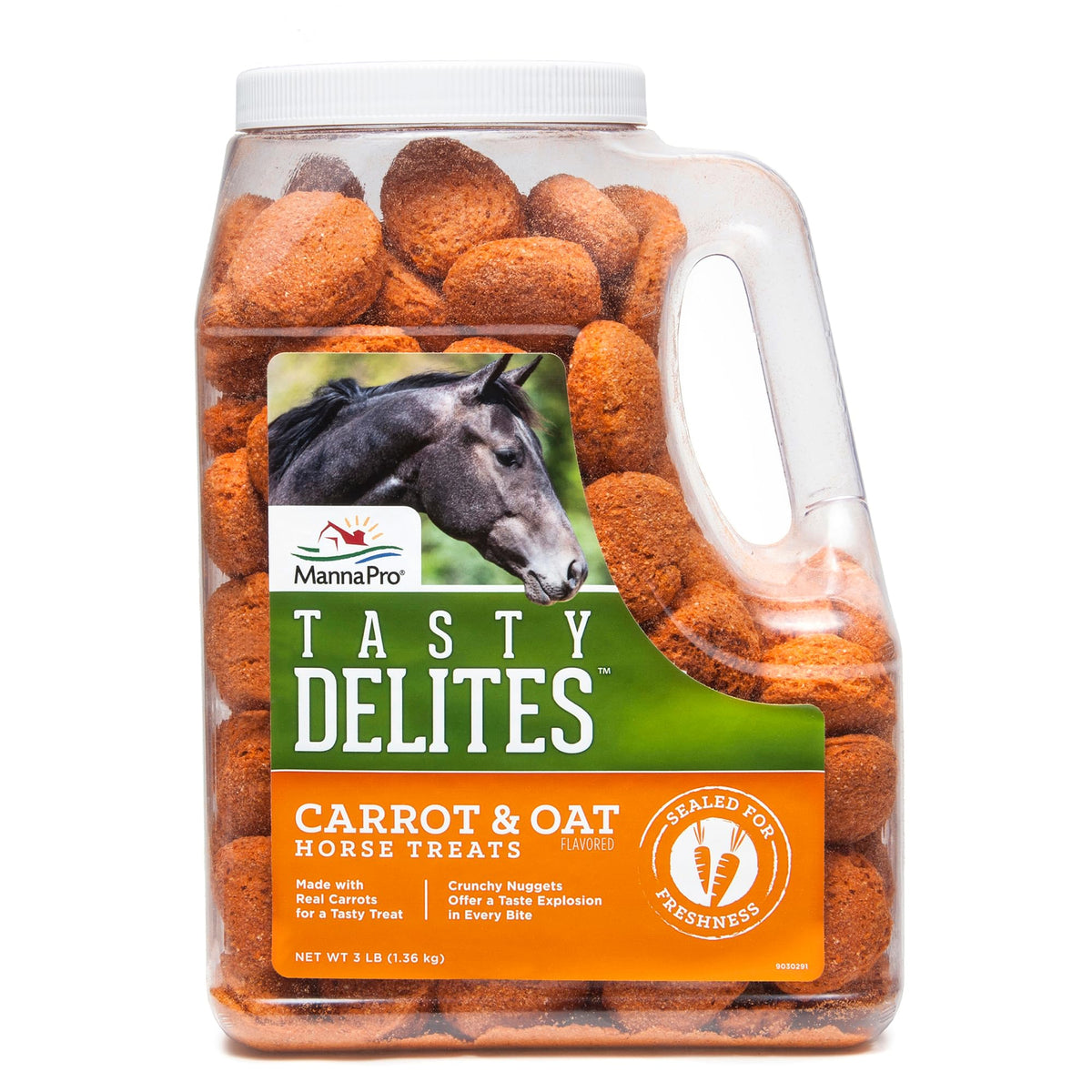 Manna Pro Tasty Delites, sachet saveur carotte, récompense savoureuse pour le cheval.