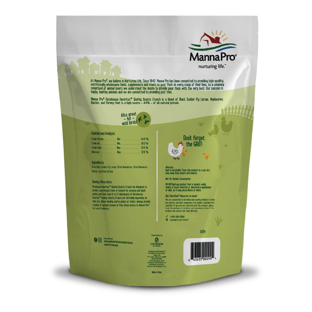 Manna Pro Quirky Quatro Crunch – larves-noires-mouche-soldat, source protéinée naturelle pour volailles.