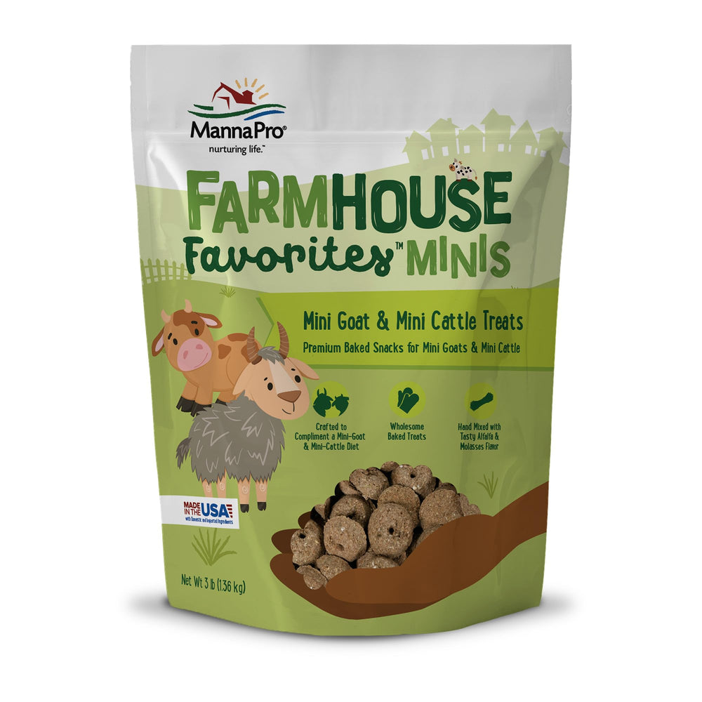 Friandises Manna Pro Farmhouse Favorites mini chèvres alfalfa-melasse, snack sain.