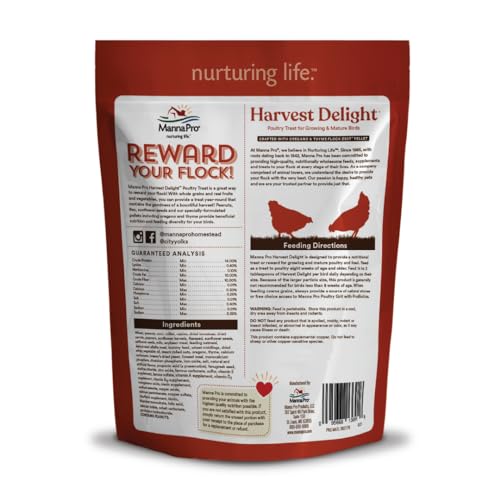 Manna Pro Harvest Delight : ingrédients tels que noix et graines pour soutenir l’activité des volailles.