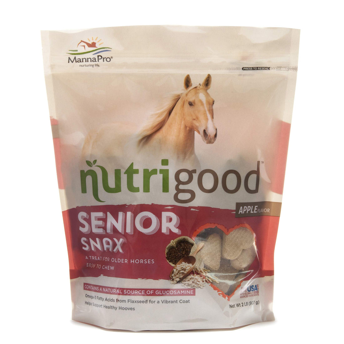 NutriGood Senior Snax pomme, friandise tendre adaptée aux chevaux âgés et agréable à mâcher.