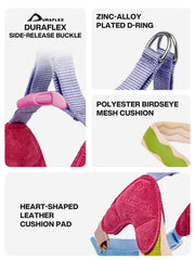 Détails en mesh et motif daim sur le harnais Maogoublue pour le look et le confort.