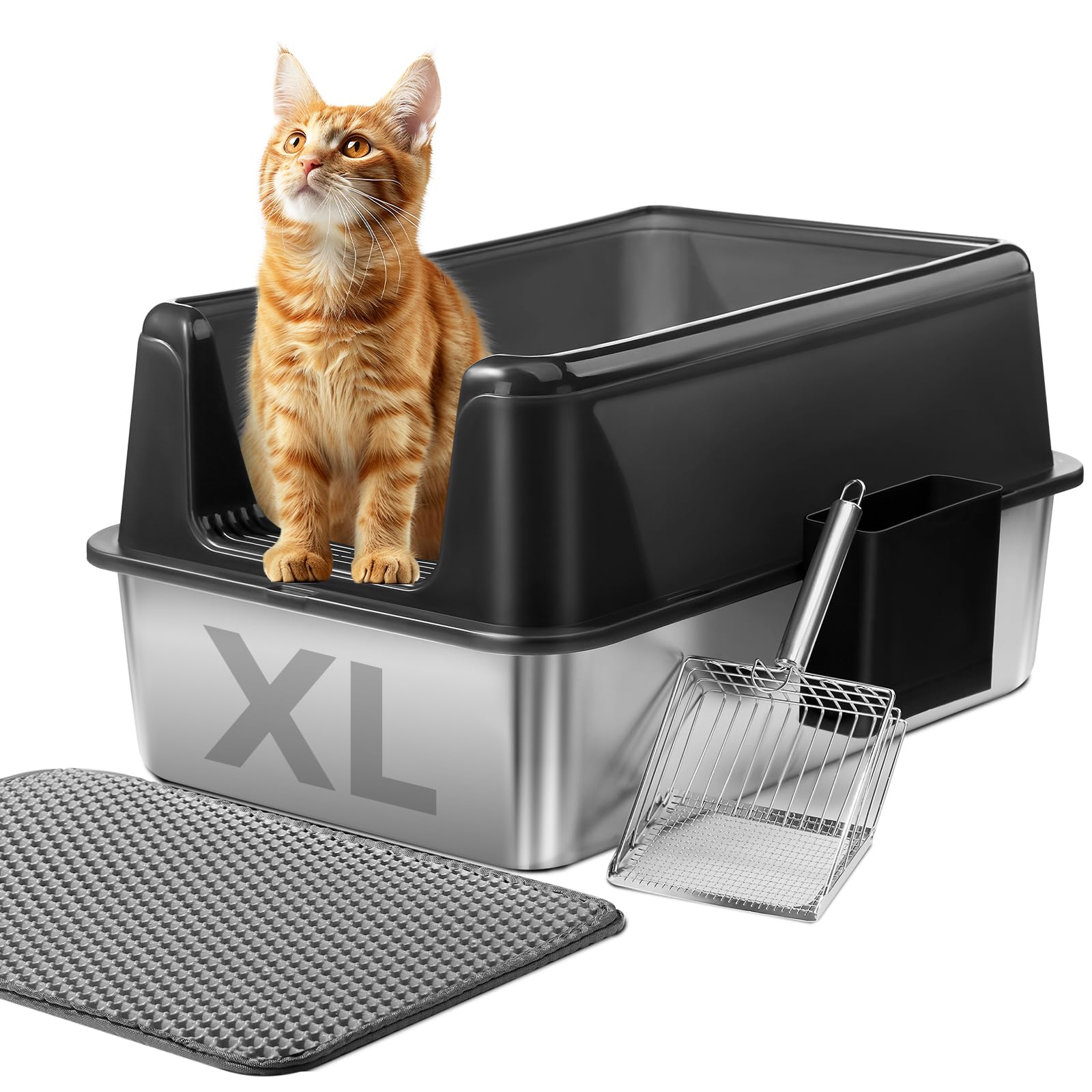 Boîte à litière Marchul en acier inoxydable XL pour multi-chats, durable et facile à nettoyer.