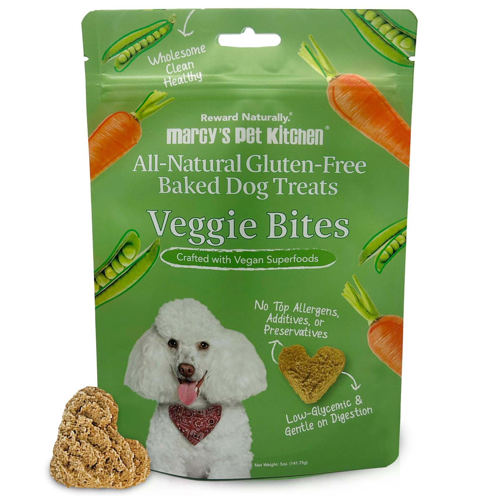 Marcy's Pet Kitchen biscuits coeurs, douceur naturelle pour chiens sensibles.