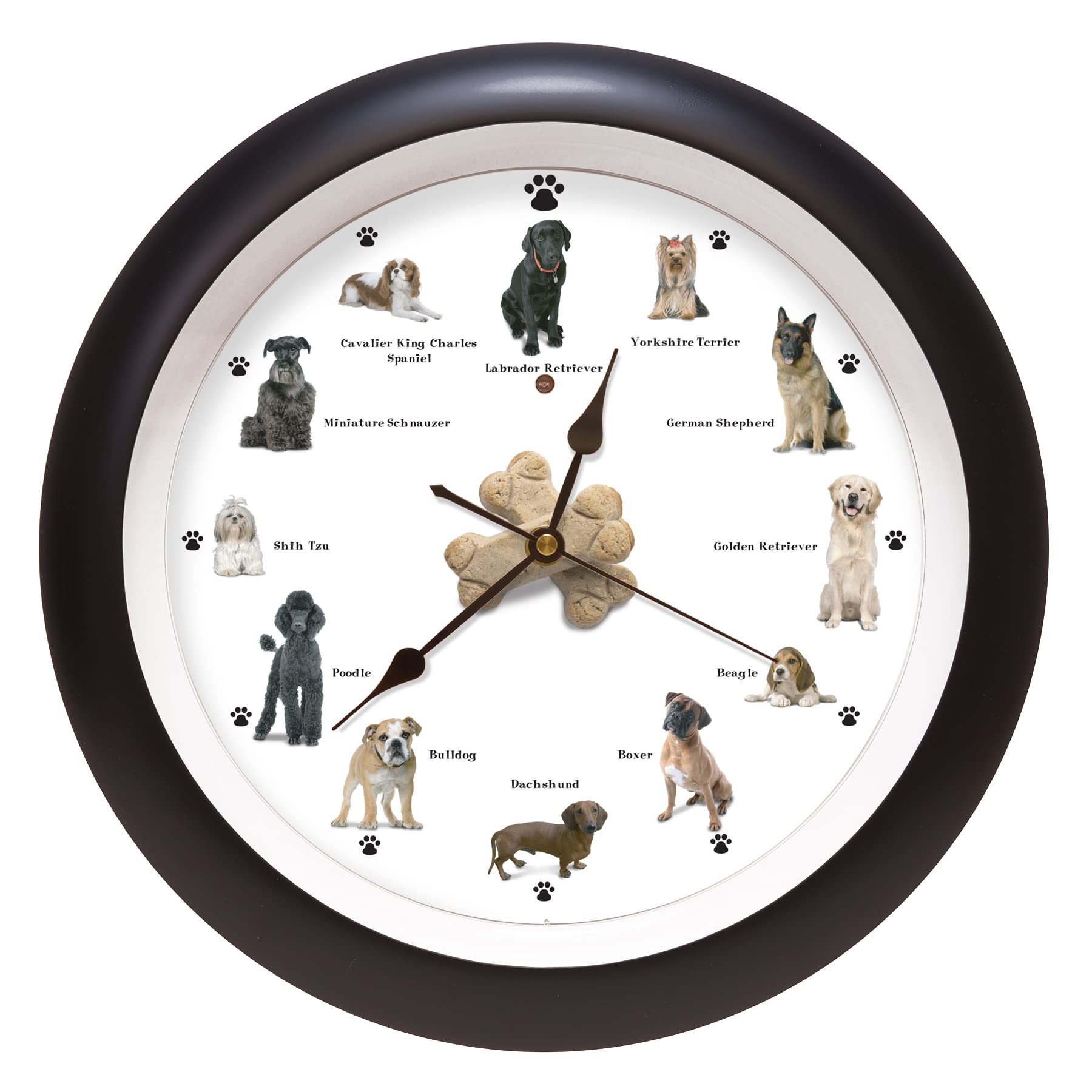 Horloge Barking Dog Clock de Mark Feldstein affichant 12 races de chiens.
