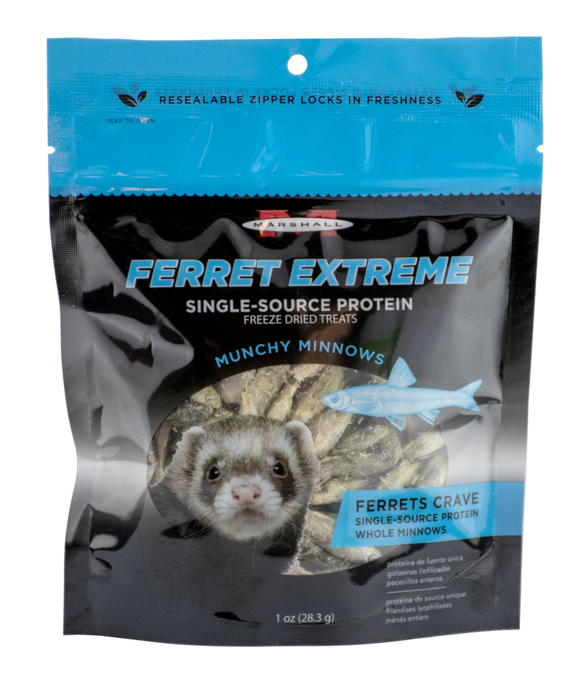 Marshall Pet Products Ferret Extreme Munchy Minnows emballage prêt à récompenser les furets.