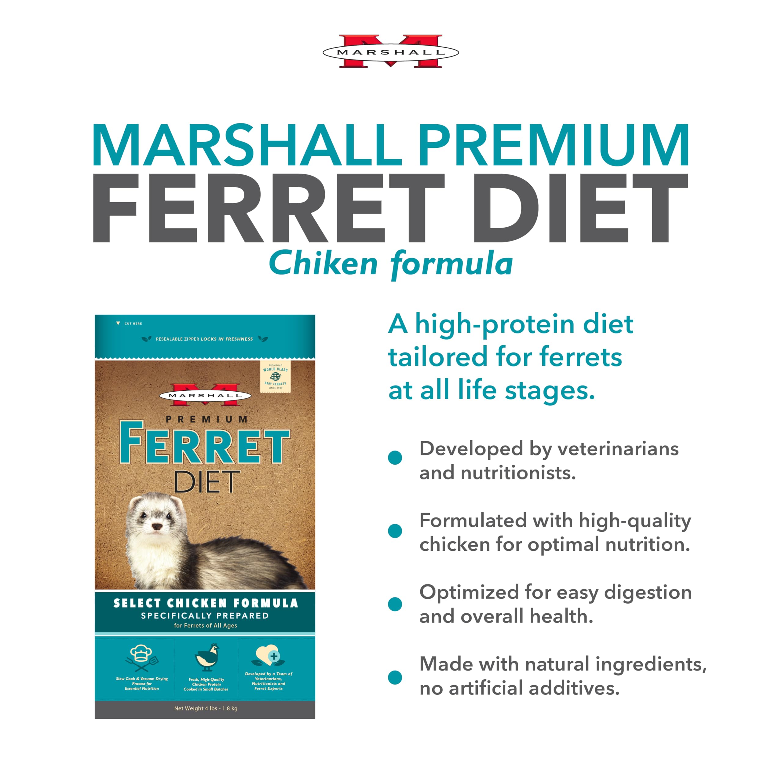 Marshall Pet Products Select Chicken Formula – bol d’alimentation pour furet avec repas équilibré.