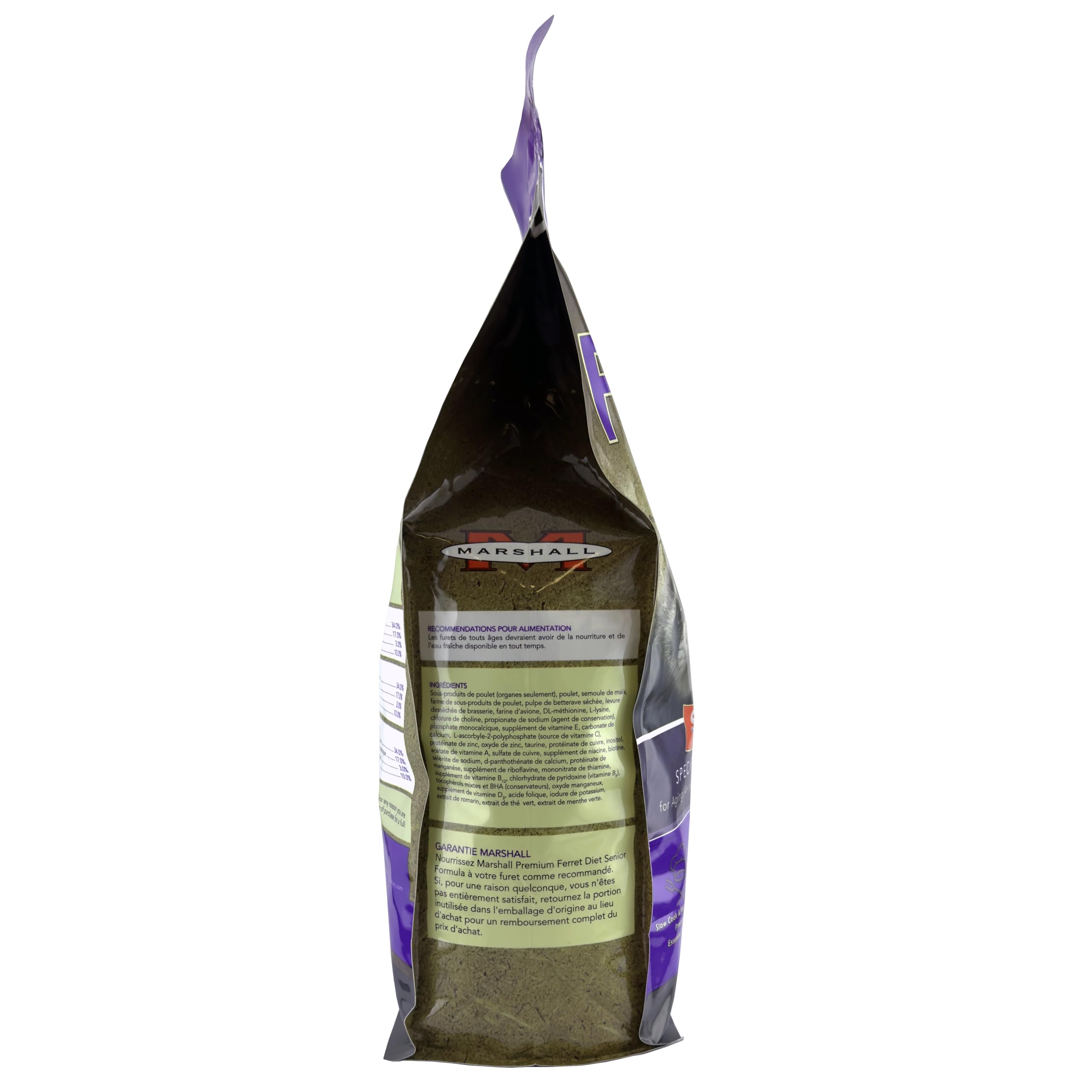 Marshall Premium Ferret Diet Senior: fibre modérée pour soutien intestinal.