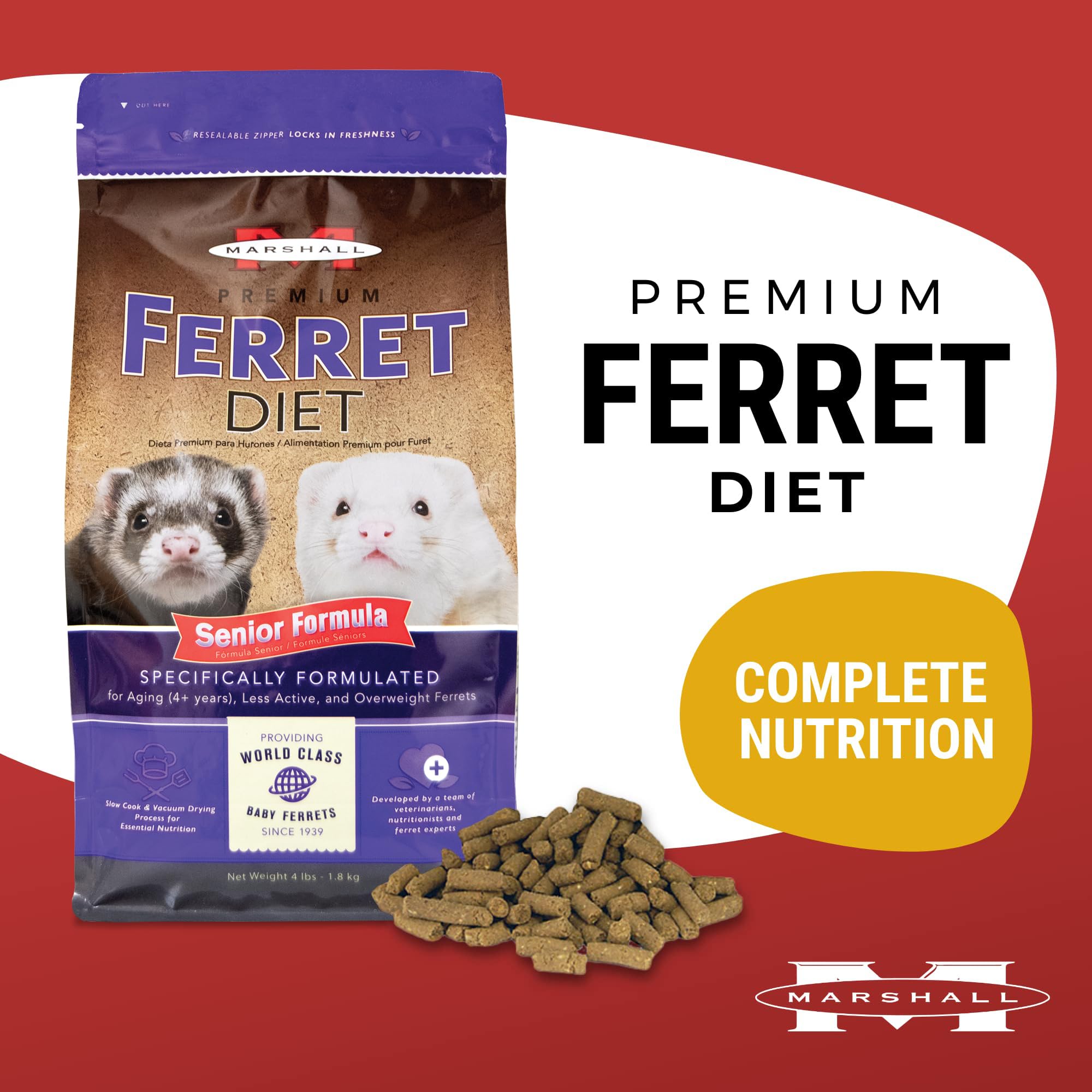 Le sac présente les ingrédients du Marshall Premium Ferret Diet Senior, soutenant digestion et énergie.
