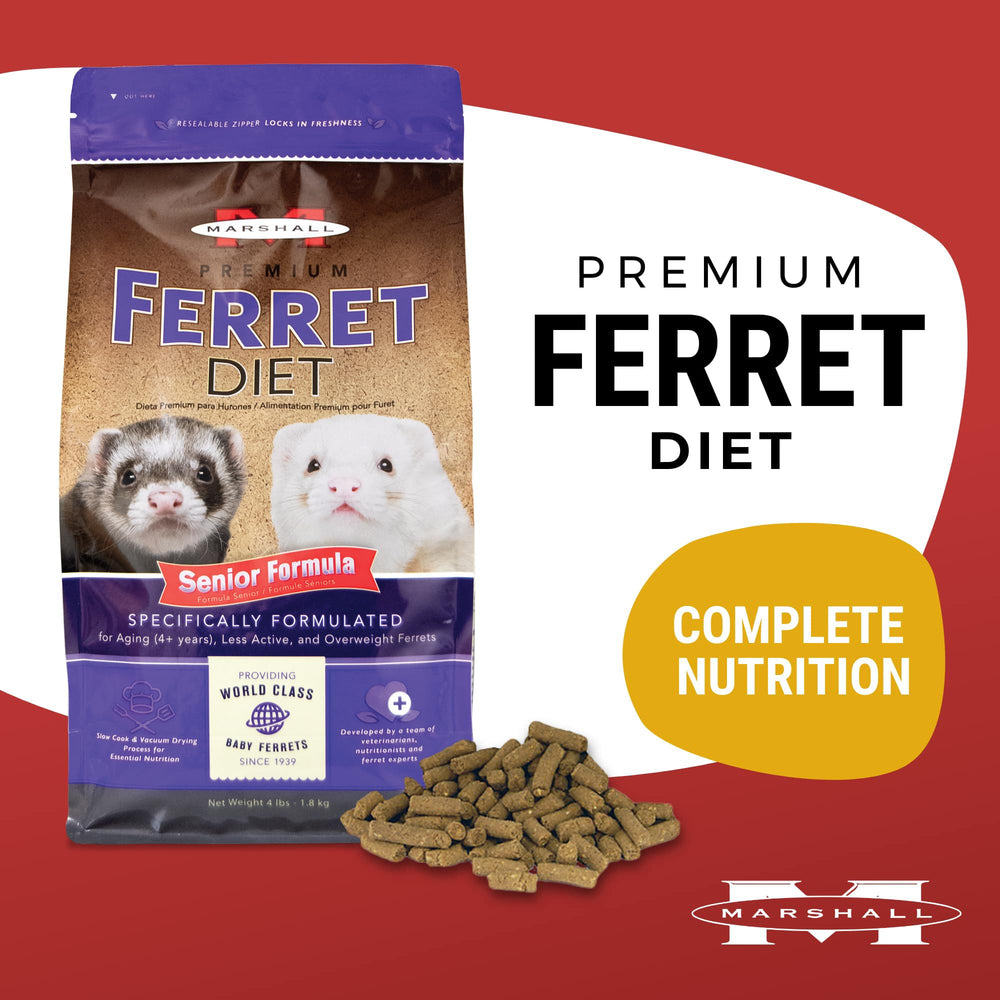 Le sac présente les ingrédients du Marshall Premium Ferret Diet Senior, soutenant digestion et énergie.