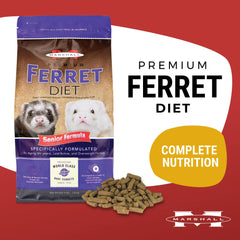 Le sac présente les ingrédients du Marshall Premium Ferret Diet Senior, soutenant digestion et énergie.