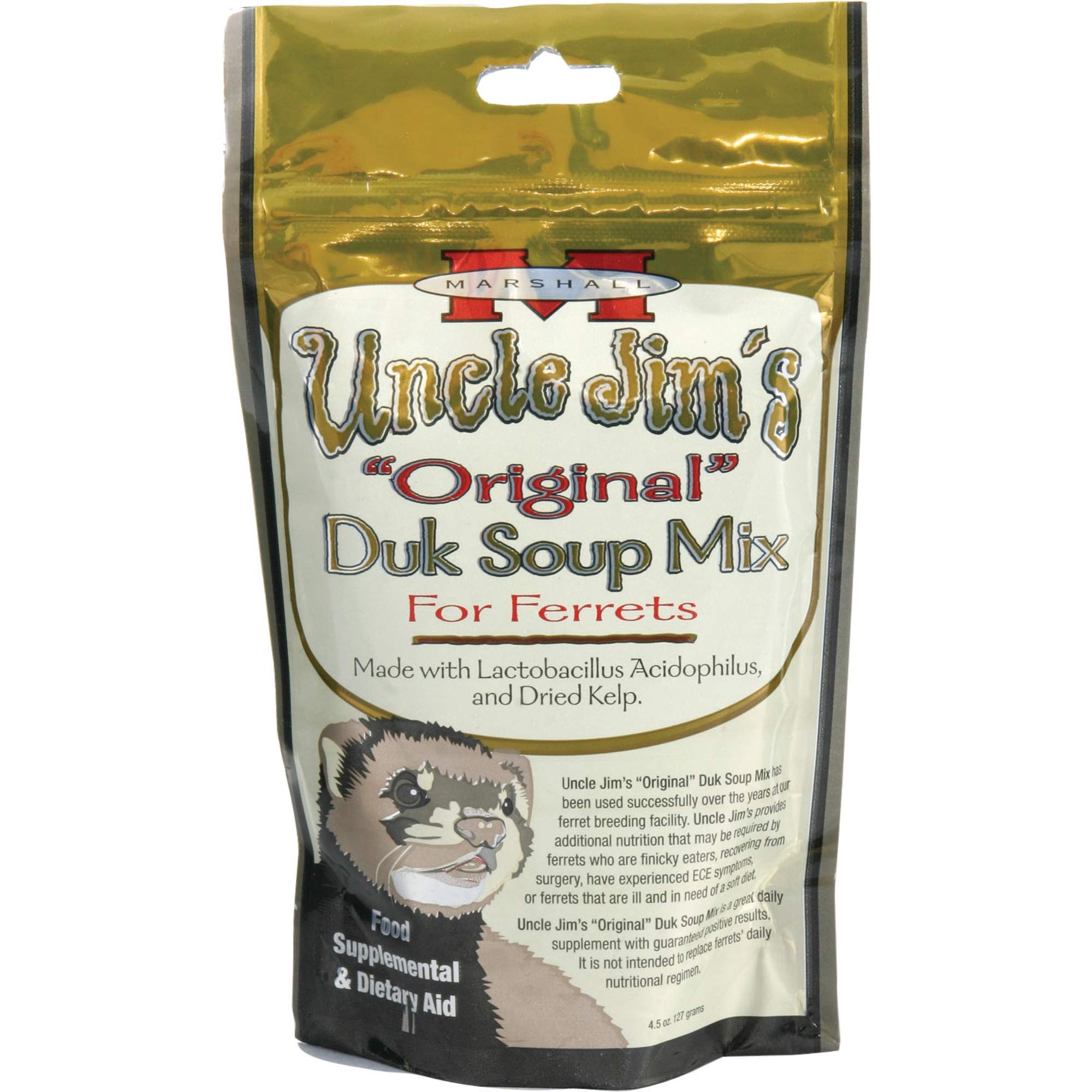 Marshall Uncle Jim’s Duk Soup Mix pour furet, prêt à mélanger pour soutien digestif potentiel.