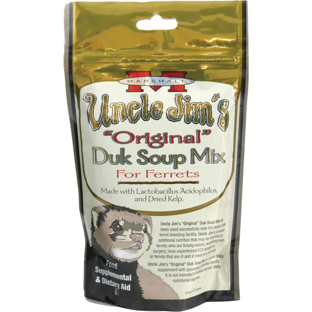 Marshall Uncle Jim’s Duk Soup Mix pour furet, prêt à mélanger pour soutien digestif potentiel.