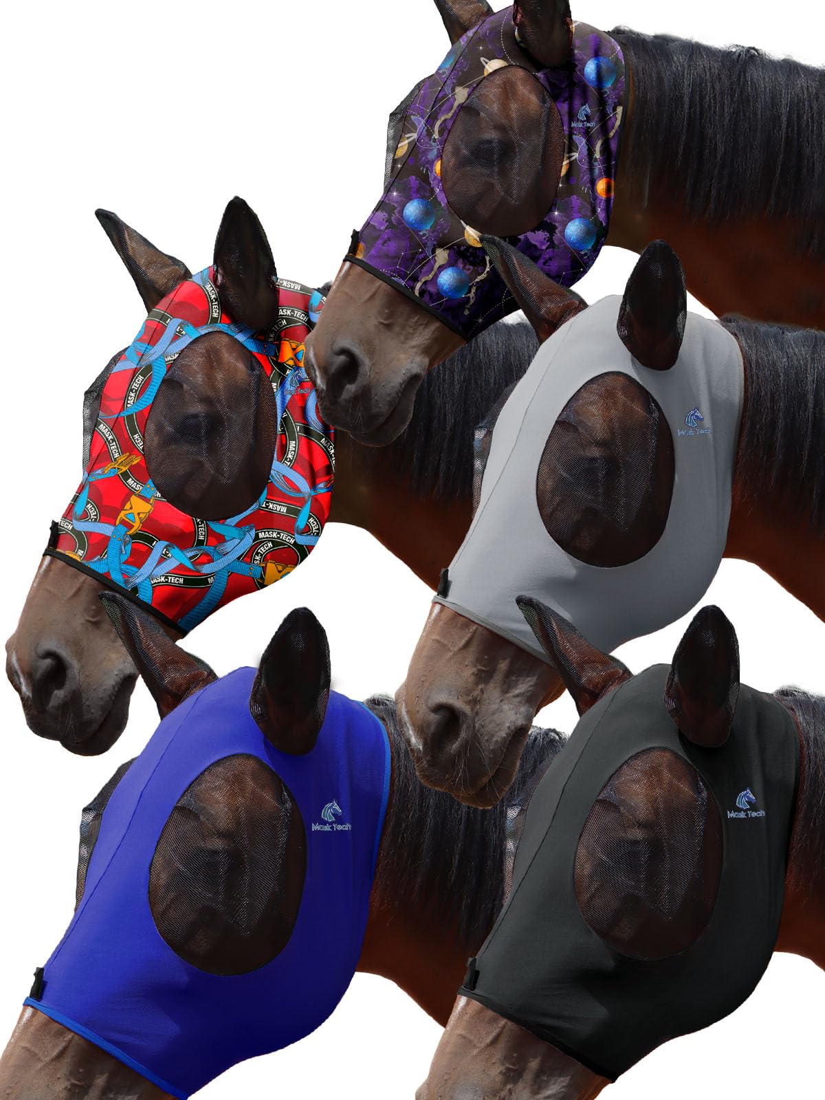 Mask-Tech – lot de 5 masques anti-mouches pour cheval, prêt pour l'emploi.