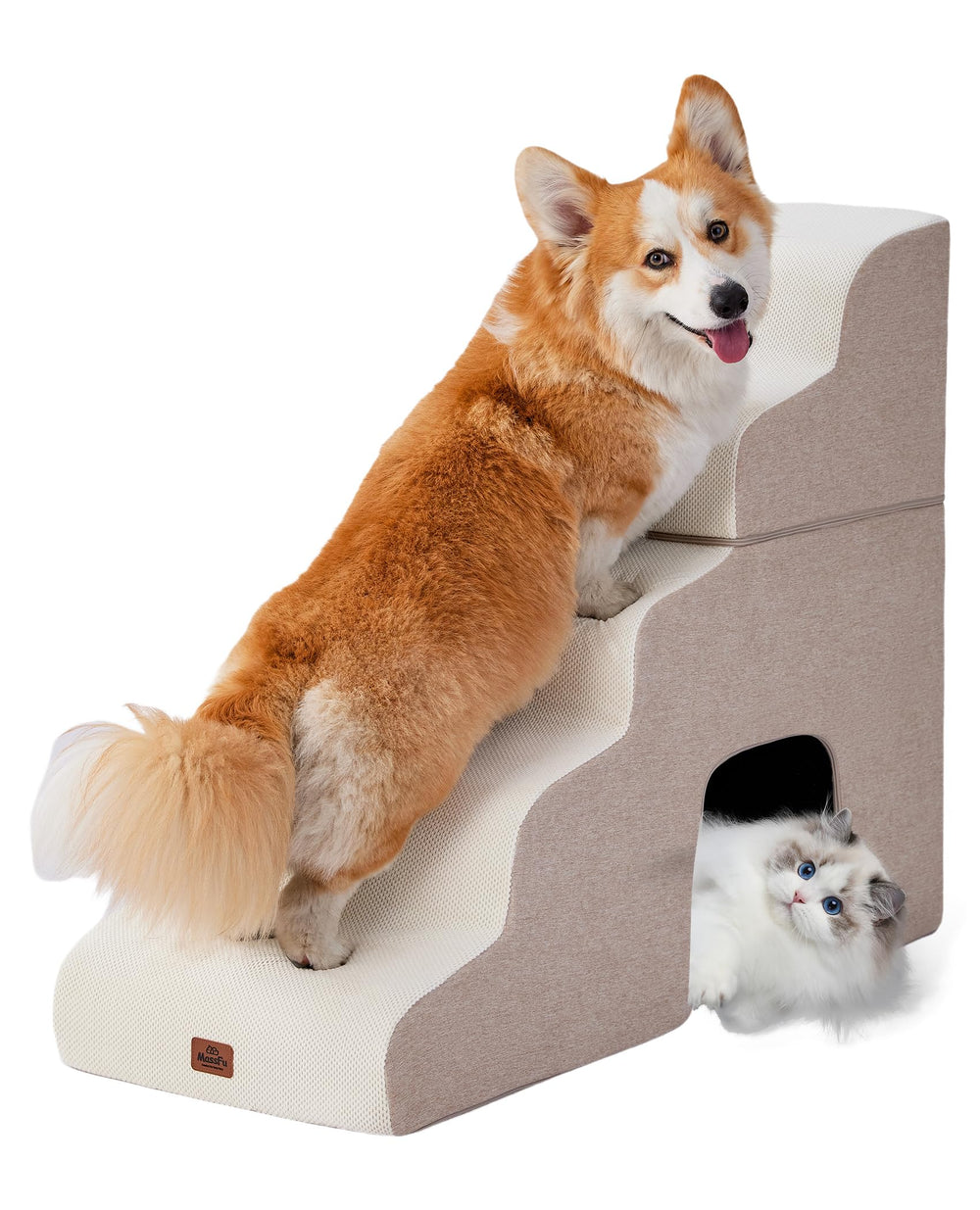 MASSFU escaliers pour chien beige à 5 marches sur lit haut, accès facilité.