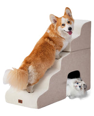 MASSFU escaliers pour chien beige à 5 marches sur lit haut, accès facilité.