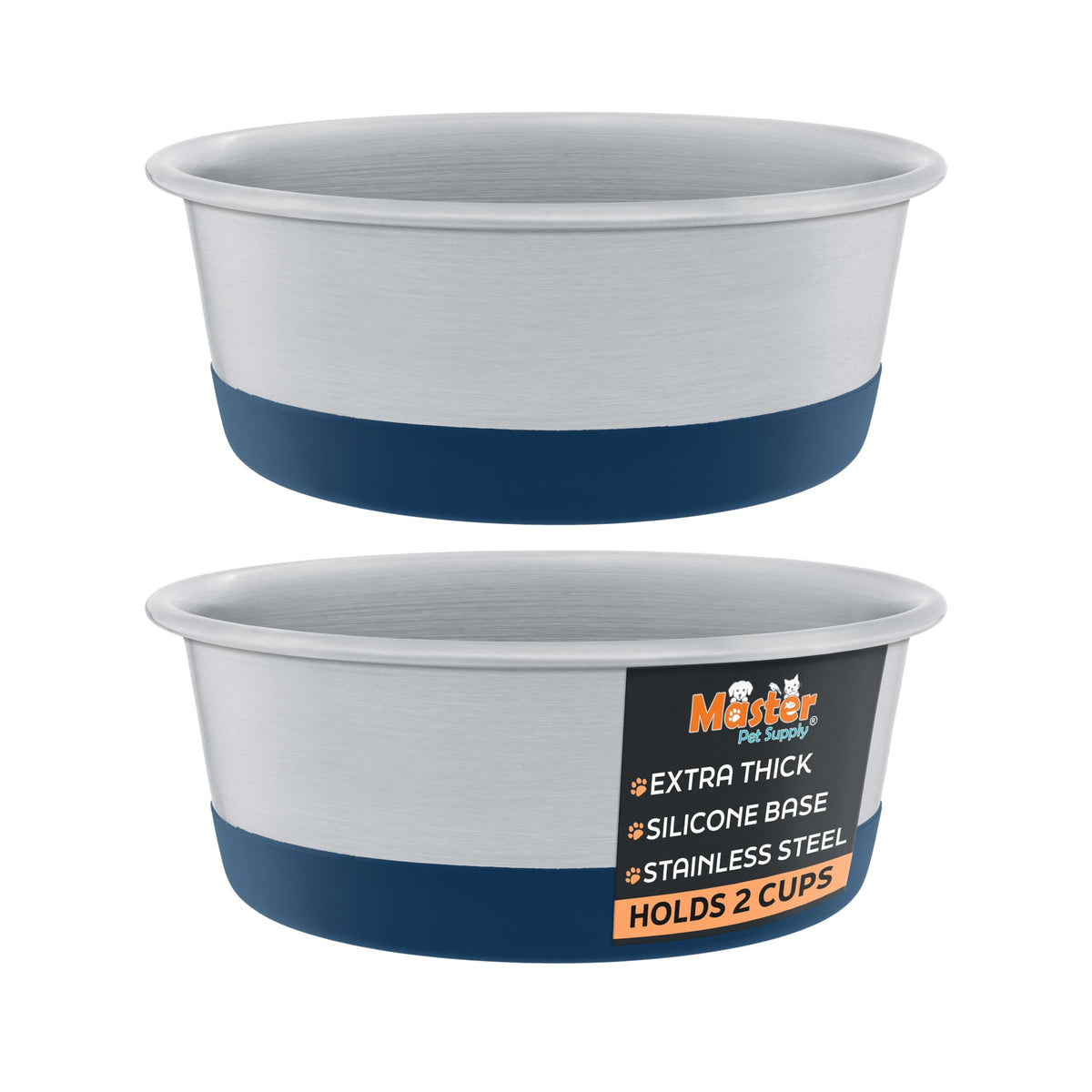 Master Pet Supply bols acier inoxydable, 2 tasses bleu marine, robustes et faciles a nettoyer.