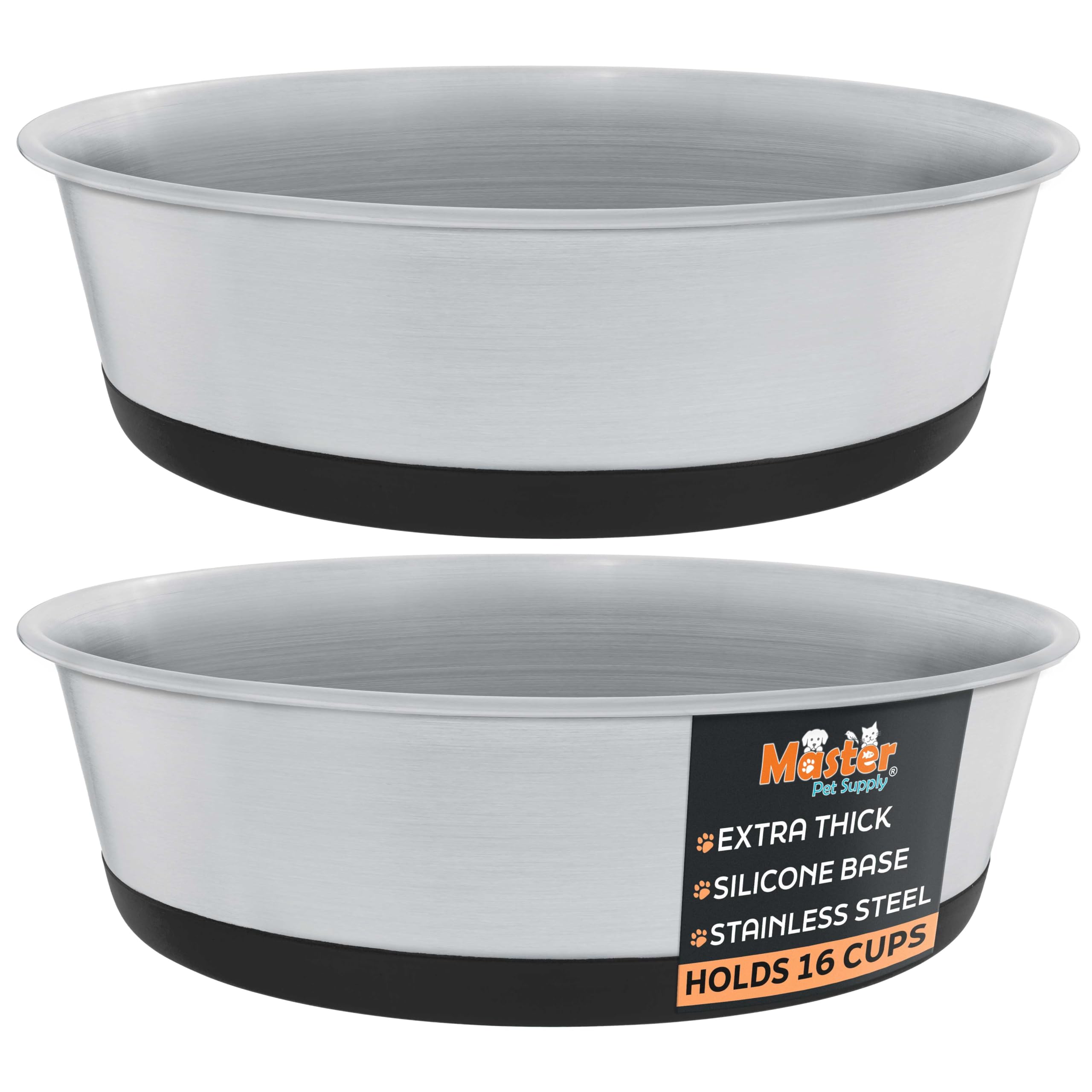 Bols inox Master Pet Supply, ensemble 2 pièces, 16 tasses chacun, parfaits pour eau et nourriture.