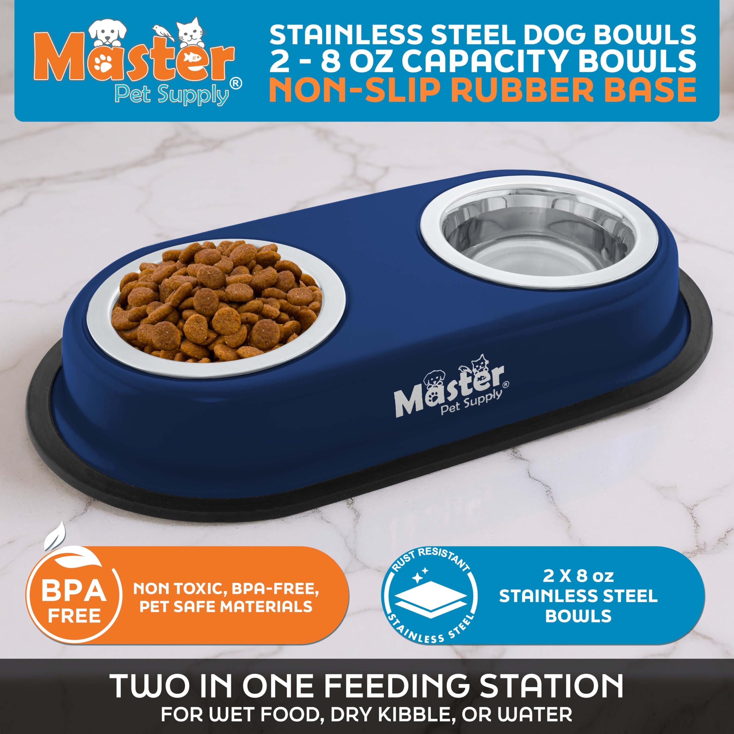 Bols en acier inox 8 oz Master Pet Supply, amovibles et faciles à nettoyer.