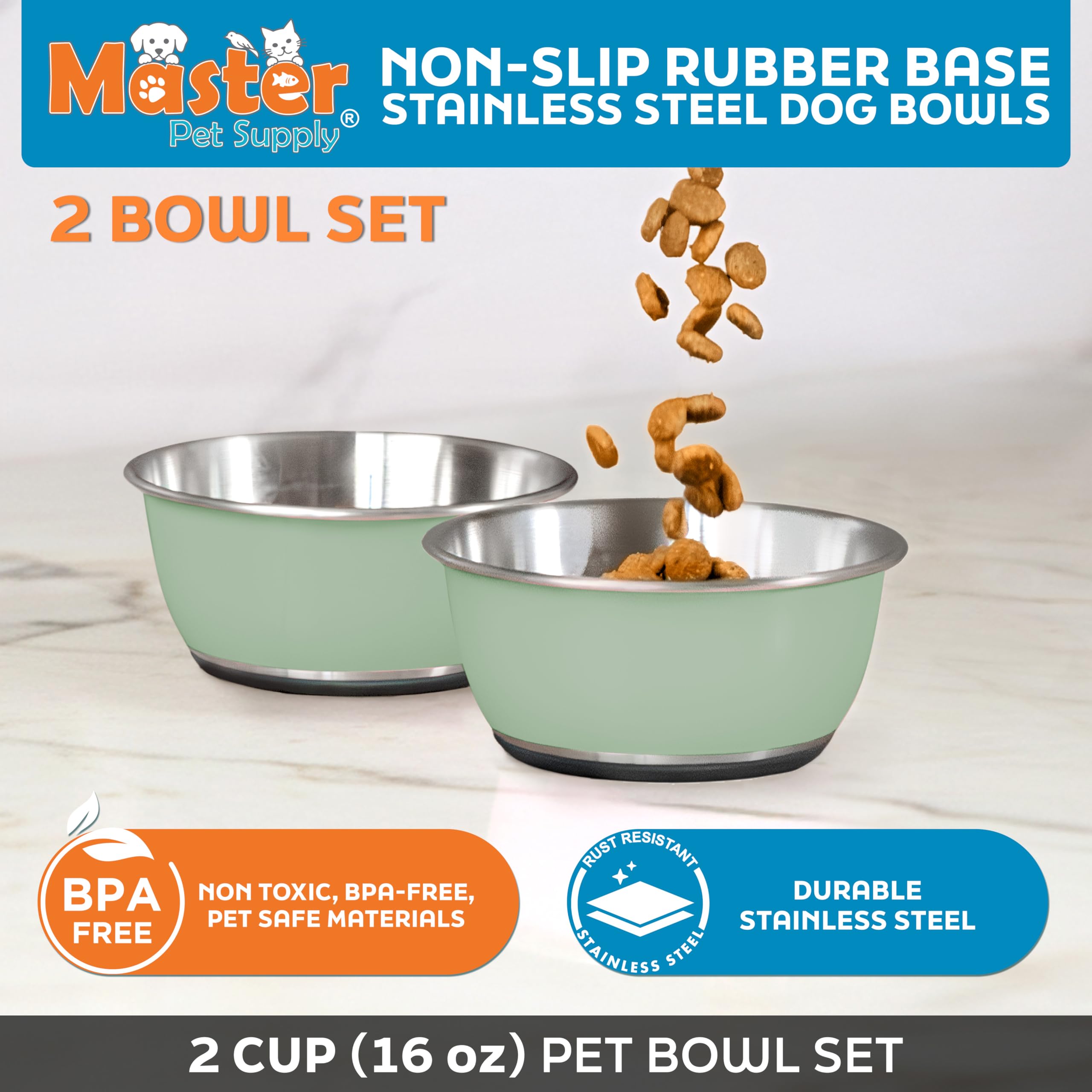 Master Pet Supply ensemble de bols inox 2x16 oz Pistache, nettoyage facile au quotidien.