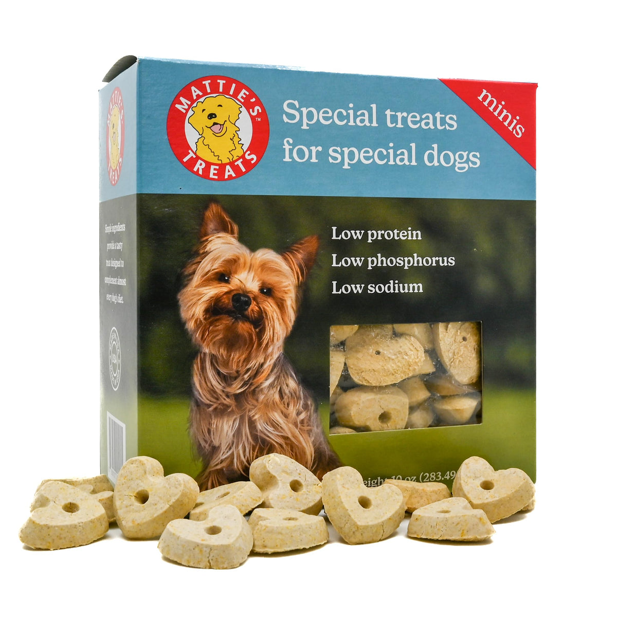 Friandises Mattie\'s Treats coeurs croustillants 10oz en boîte, récompense idéale pour chiens.