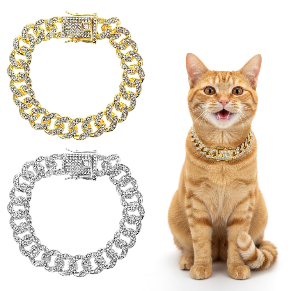 Matwsec collier chat doré à maillons cubains avec cristaux, élégant pour séances photo.