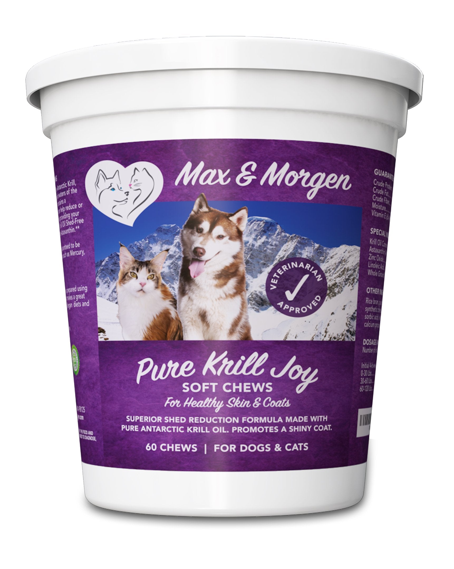 Max and Morgen Pure Krill Joy – boîte, friandises riches en oméga pour peau et poil.