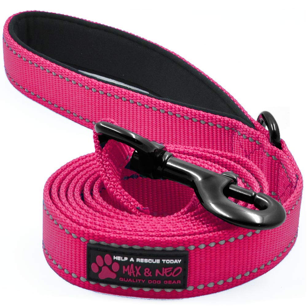 Laisse réfléchissante Max and Neo en nylon rose de 6 pieds, sécurité nocturne et confort lors des promenades.