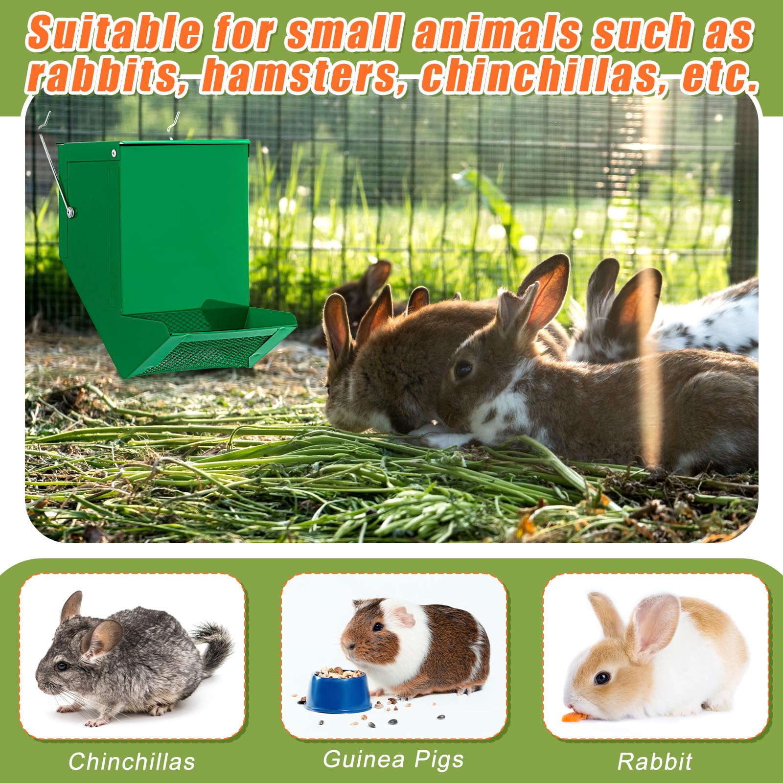 Maxcheck distributeur-nourriture-lapin attaches-accrochage vert, facile à suspendre près de l’animal.