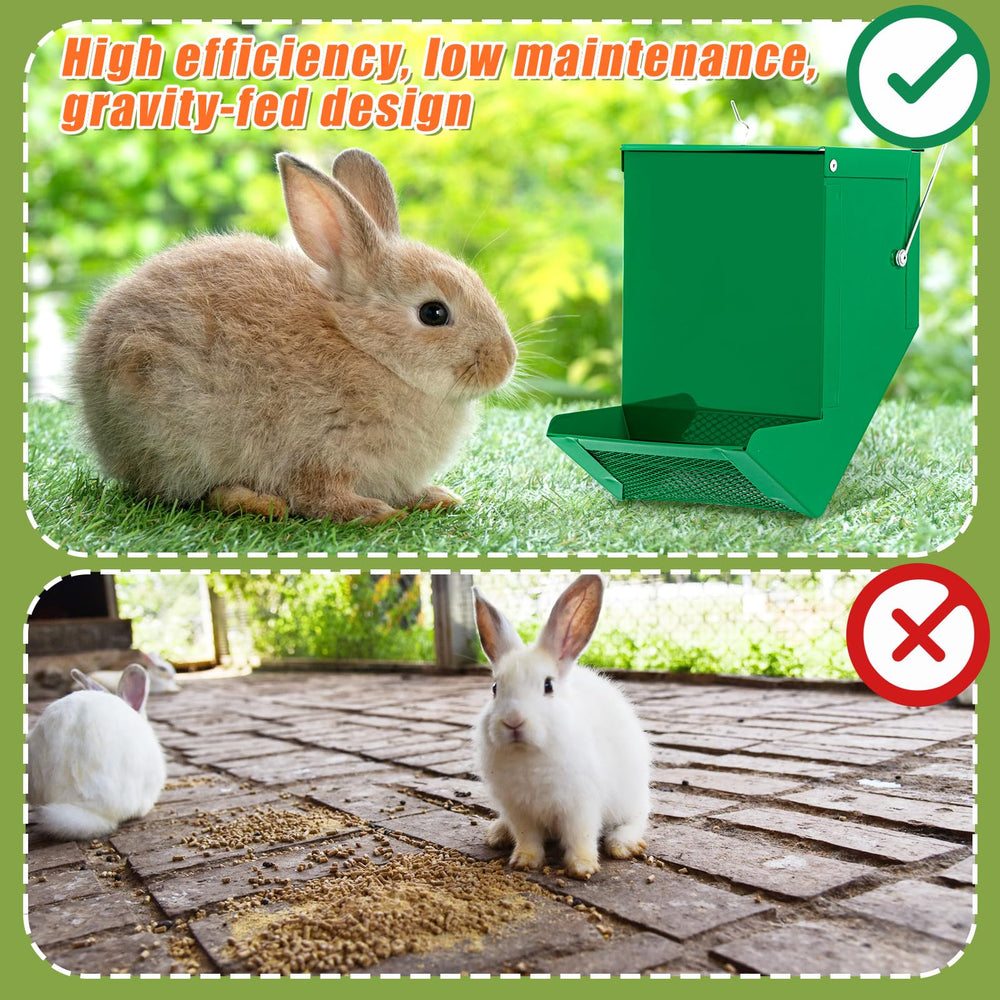 Maxcheck distributeur-nourriture-lapin materiau-metal vert, résistant aux intempéries et à la rouille.