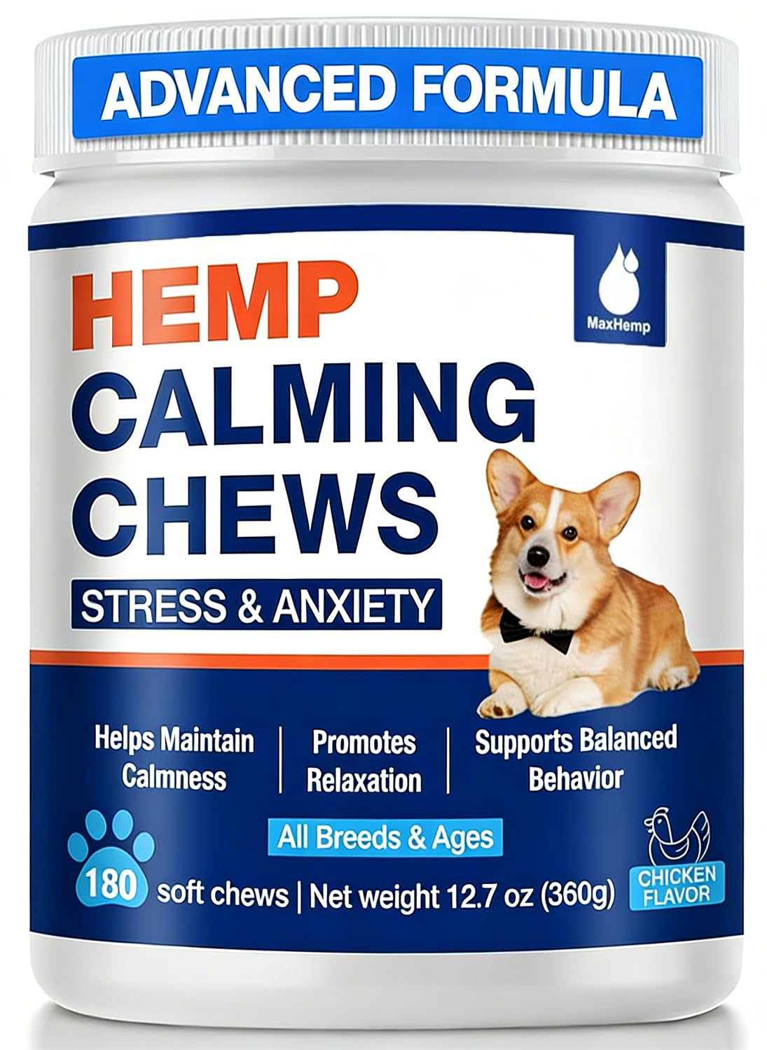 MaxHemp gommes apaisantes — bouteille visible, douceur calmante pour les chiens.