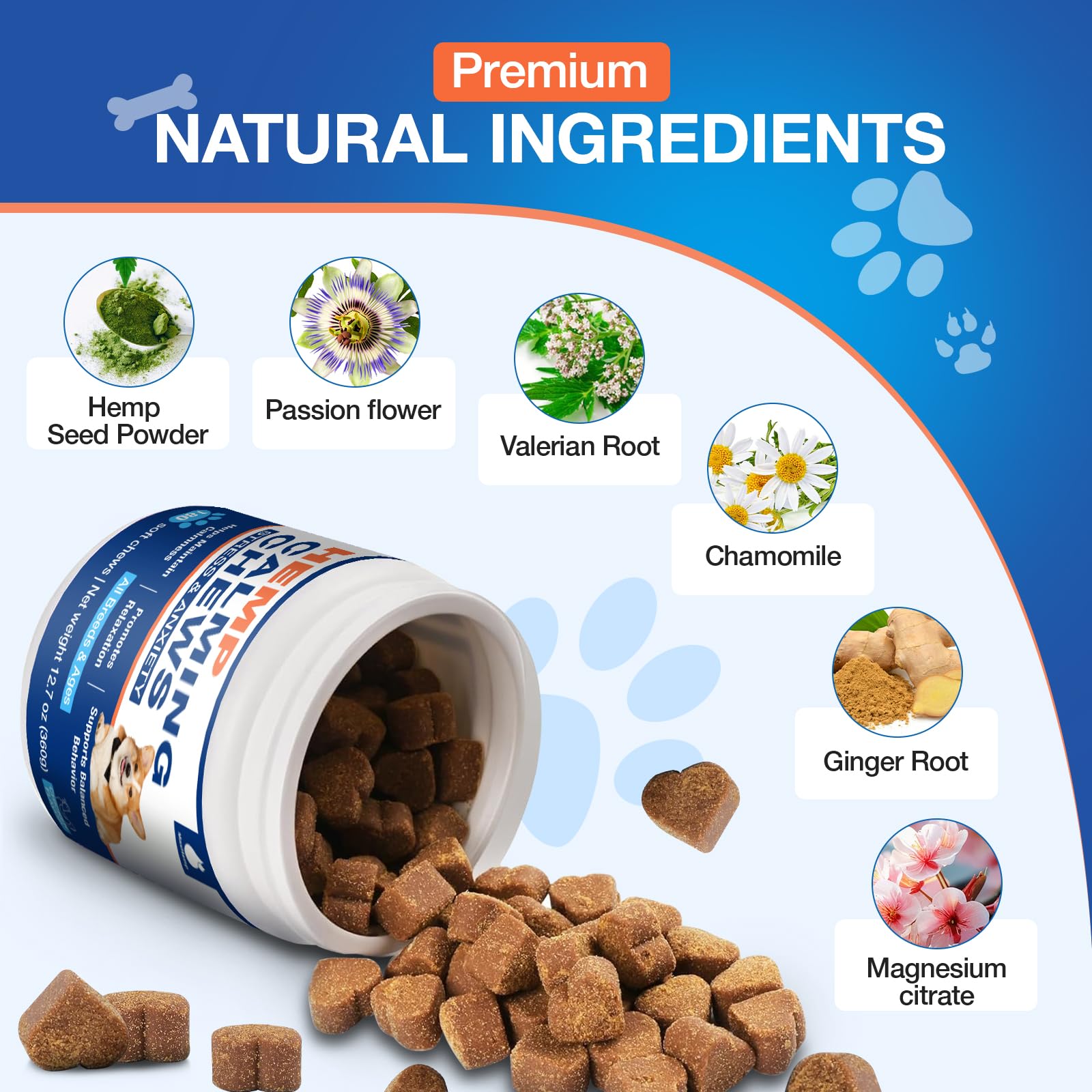 Ingrédients naturels MaxHemp — passiflore, valériane et camomille pour le bien-être.