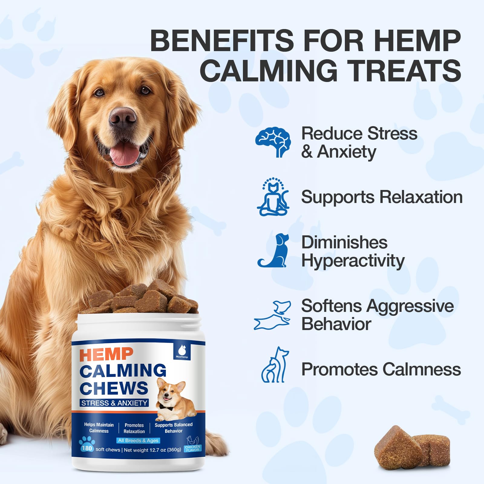 Texture moelleuse de MaxHemp — gommes faciles à accepter par tous les chiens.