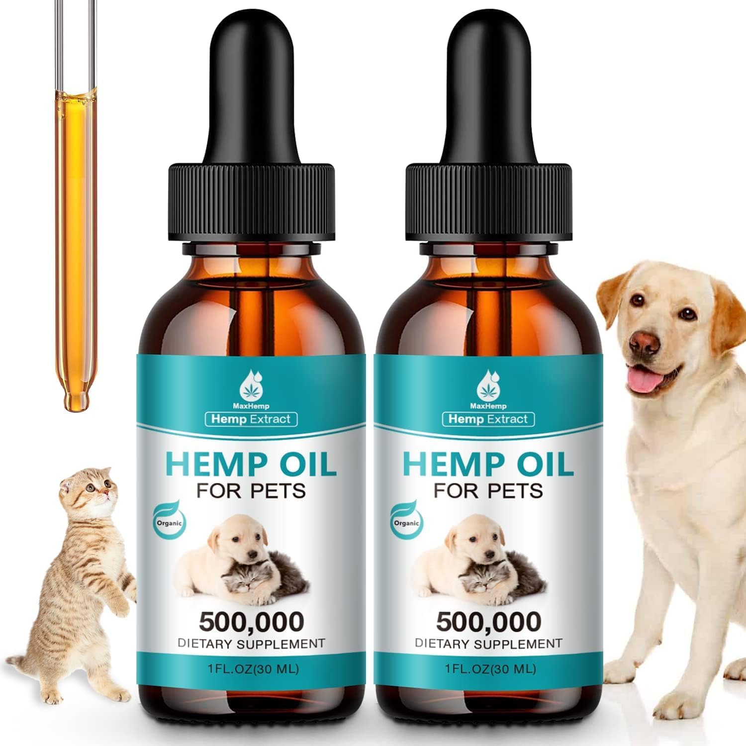 MaxHemp huile pour animaux: bouteille double-pack, soutien bien-être quotidien