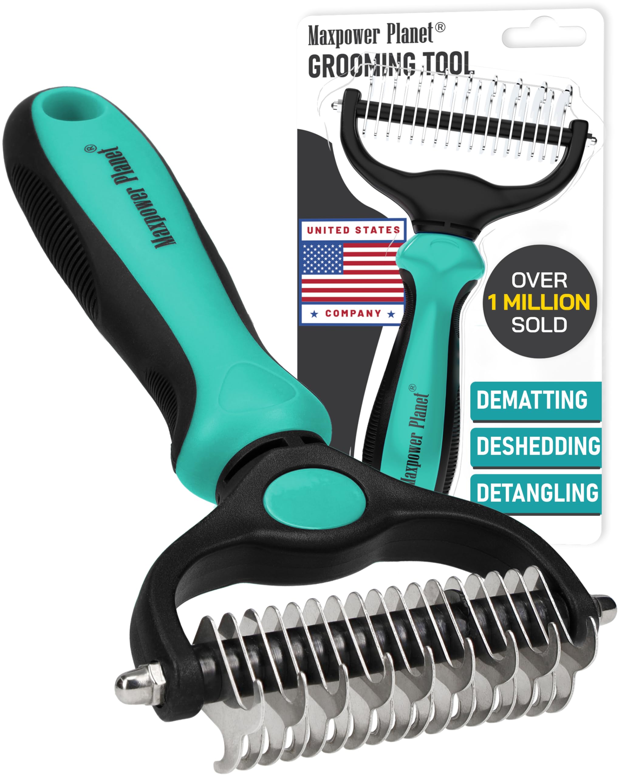 Brosse Maxpower Planet double-face en action sur pelage épais.