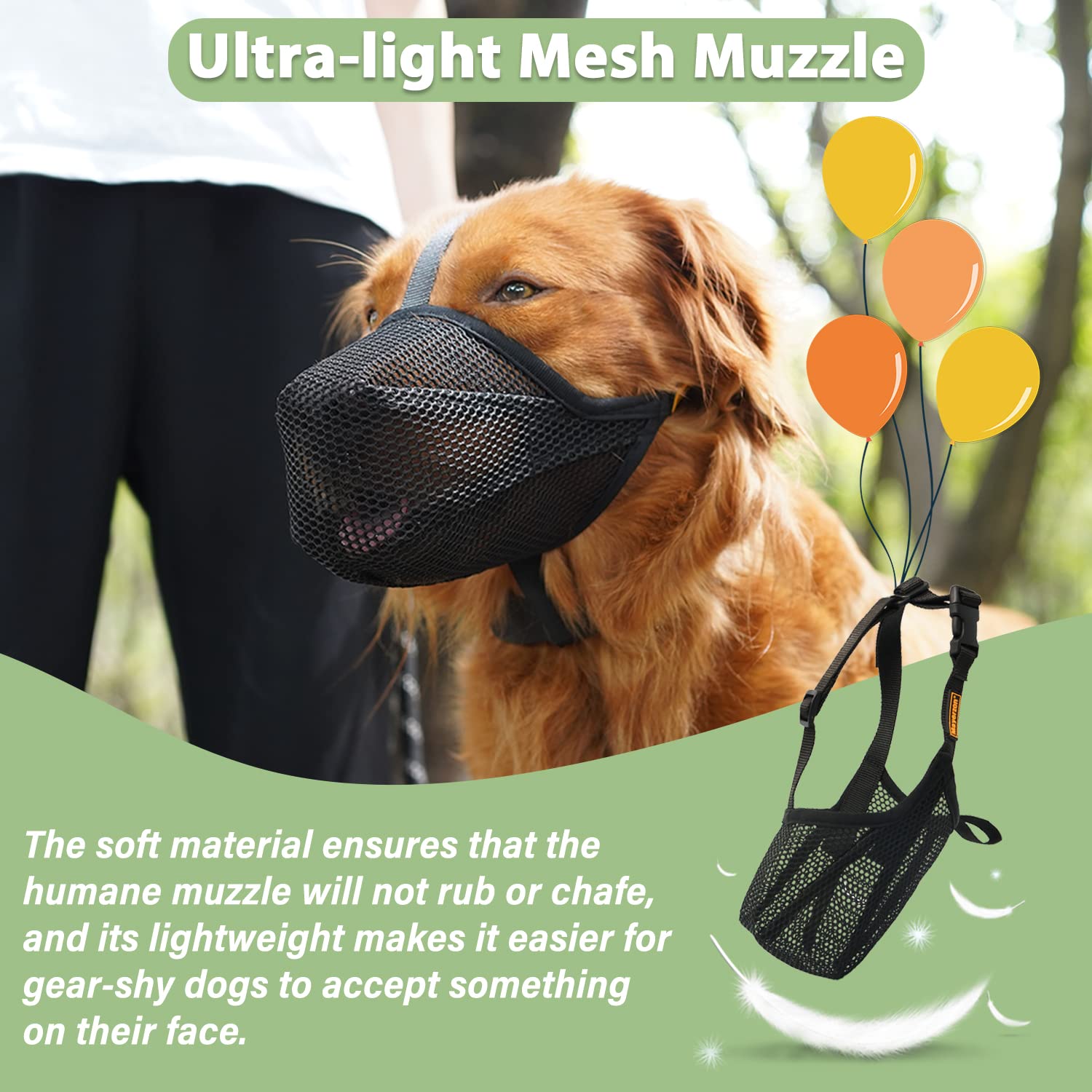 Mayerzon masque pour chien maillage doux, sécurité et confort avec sangle et collier.