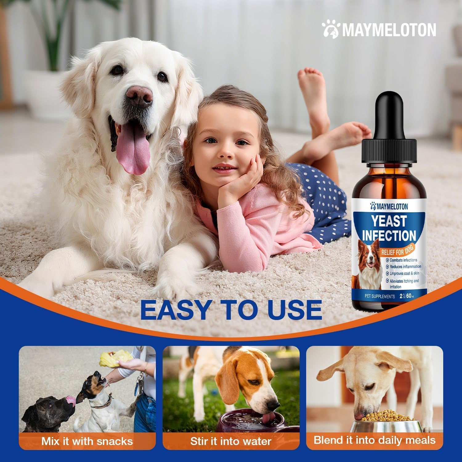 MAYMELOTON bouteille-2oz-soin-levure-chien: pratique à stocker et à utiliser.