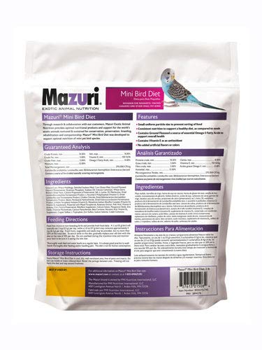 Mazuri alimentation complète pour petits oiseaux – granulés de texture uniforme pour une alimentation équilibrée.