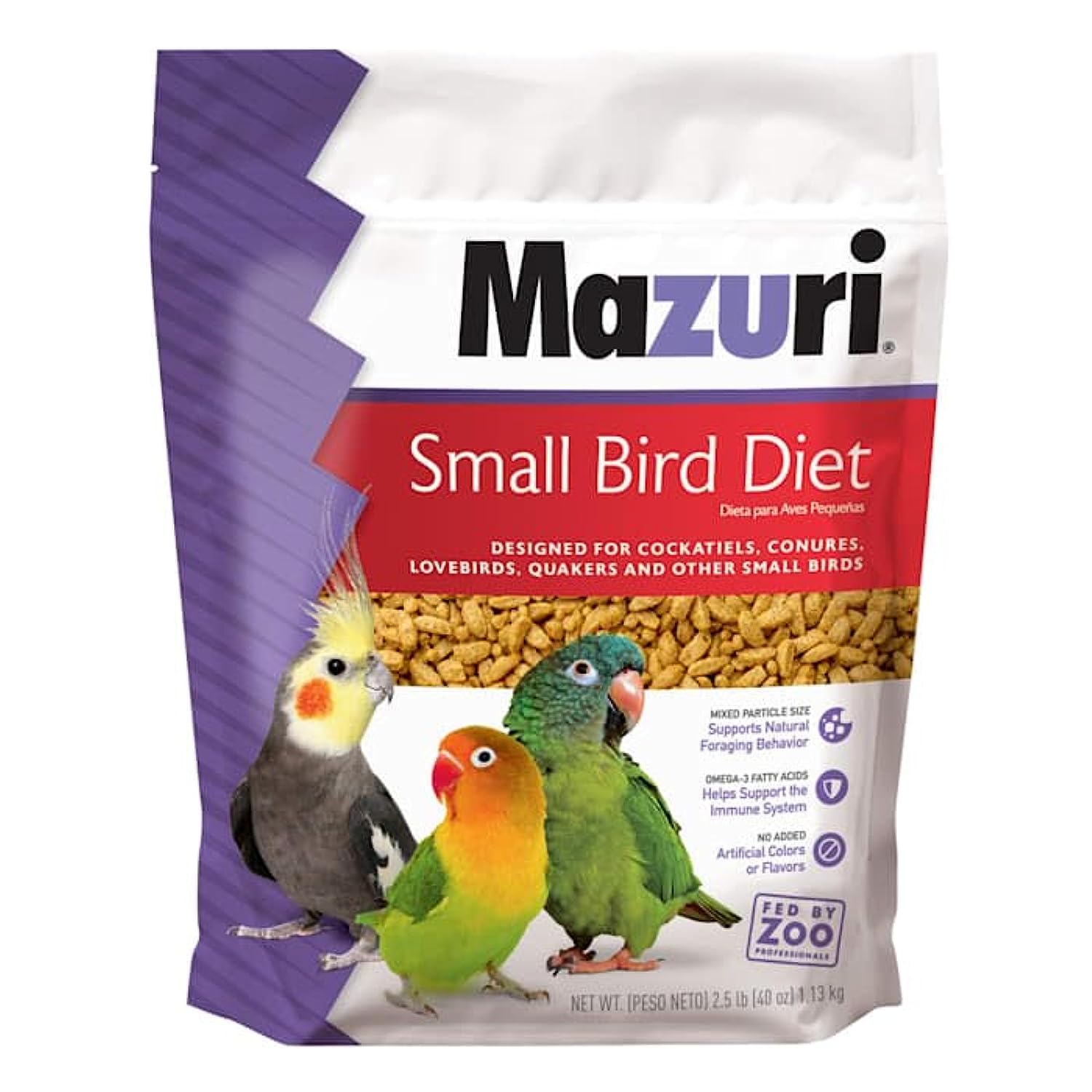 Mazuri, emballage sac 2,5 lb pour petits oiseaux, pratique et frais.