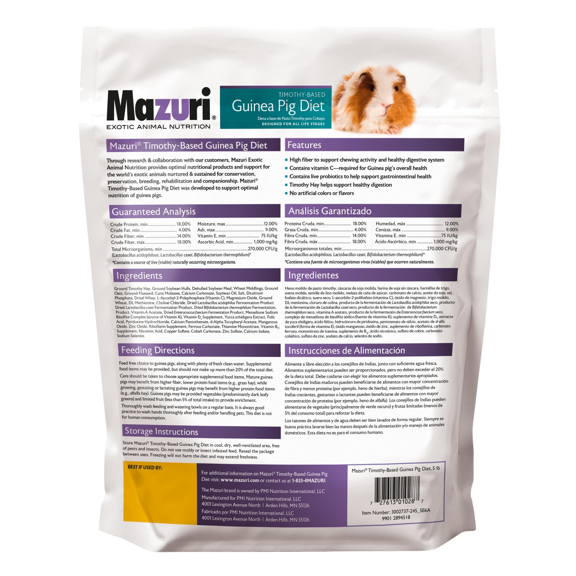 Mazuri cobaye, probiotiques vivants, soutien à la digestion et confort intestinal.