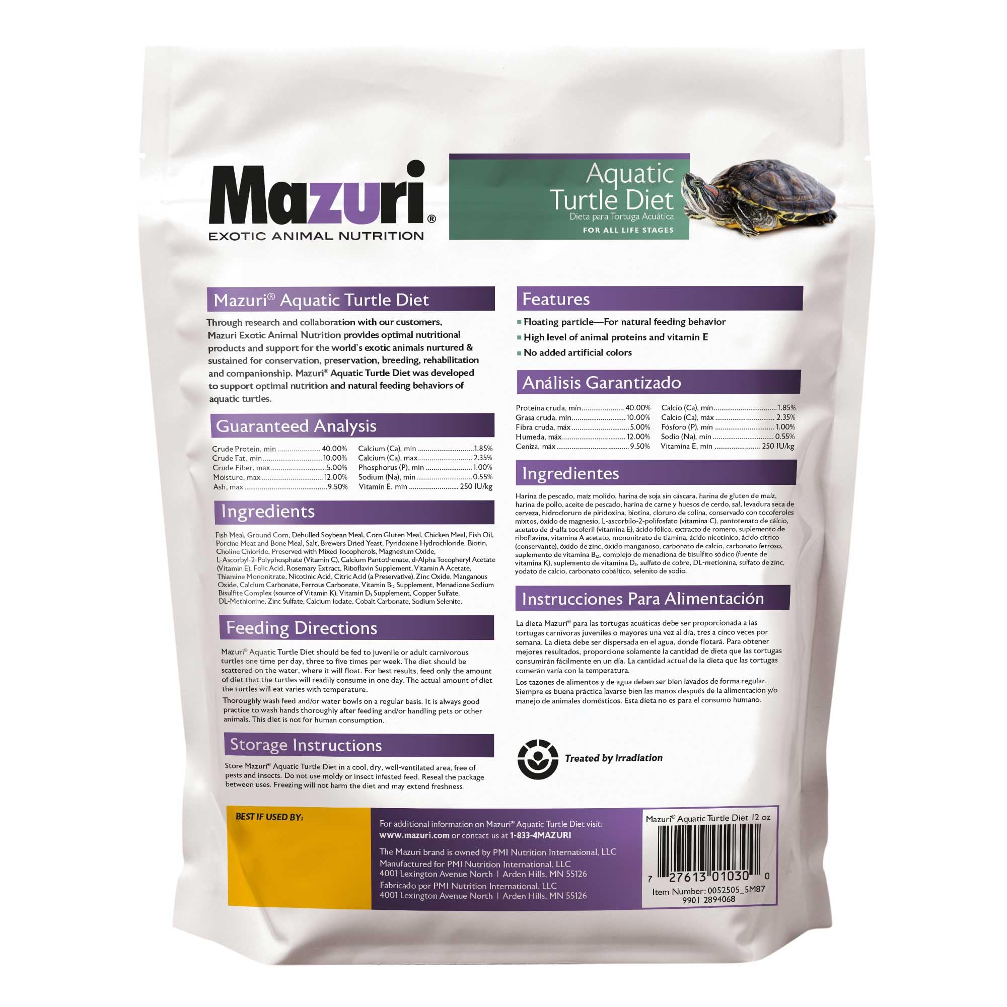 Sachet Mazuri de 12 onces, pratique et prêt à nourrir les tortues aquatiques.