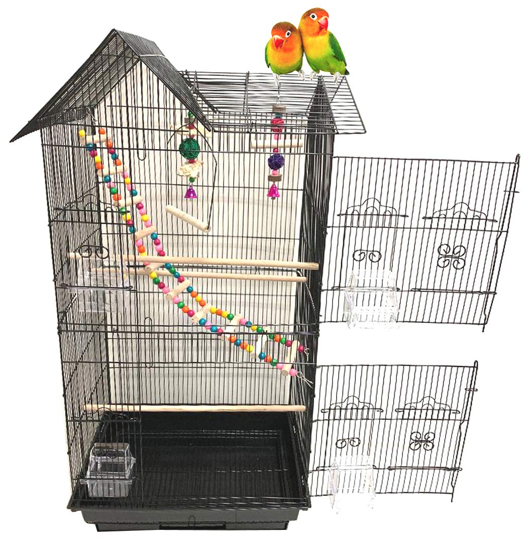 Mcage cage-oiseaux double-toit, vue frontale, espace généreux.