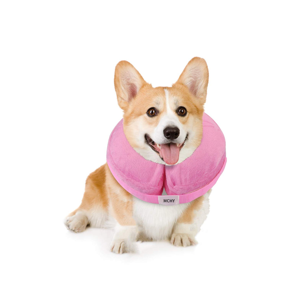 Cône gonflable MCHY rose pour chien, protège les blessures et permet manger normalement.